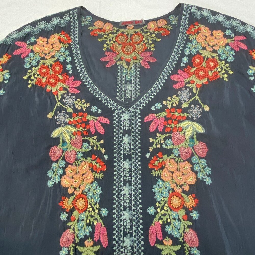Johnny Was Blue Grey Heidi S Cap Sleeve V Neck Embroidered Sheer Tunic Kaftan - Picture 8 of 13